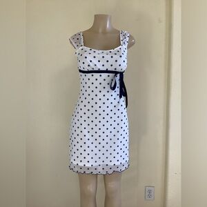 White Dress with Navy Polka Dots and Navy Waist Tie